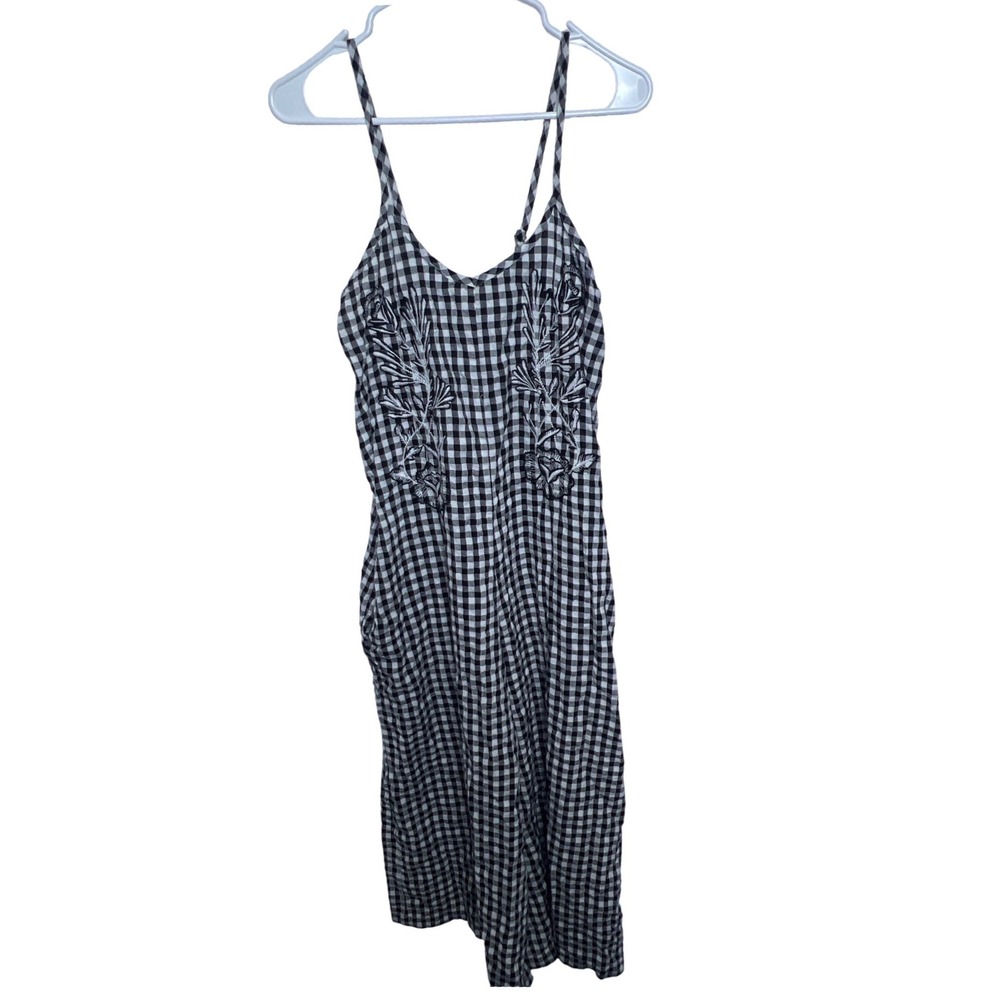 World Market Black White Gingham Floral Embroidered Wide Leg Jumpsuit S/M Coasal